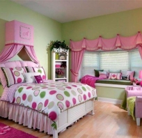 pokój, łóżko, różowy pokój, pastele, zieleń, ładny, śliczny