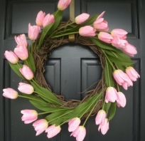 na drzwi, dekoracja, tulipany, ozdoba, kwiaty