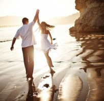 fotografia, romantyczna, para, plaża, skałą, woda, zachód, słońce