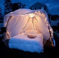 łóżko, sen, zdjęcie, romantyczne, światełka, namiot, zaręczyny, śliczne, piękne, sen, sypialnia, natura
