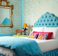 Piękny, łóżko, sypialnia, niebieski, złoty, szczytu