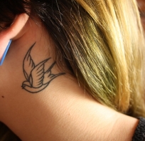 tatuaż, piękny, ptak, ucho, kobieta, motyw