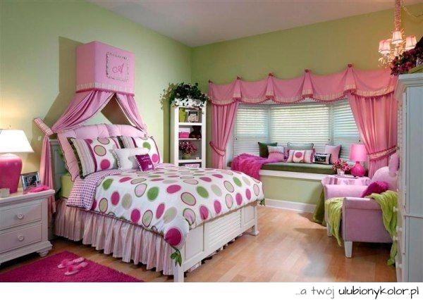 pokój, łóżko, różowy pokój, pastele, zieleń, ładny, śliczny