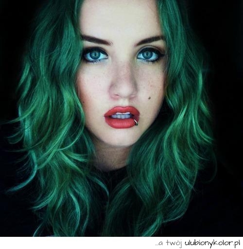wampir, niebieskie, oczy, sexy, zielone, włosy, usta, kolczyk, w ustach, dziewczyna, emo