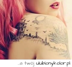 tatuaż, motyw, czerwone, włosy, seksowny
