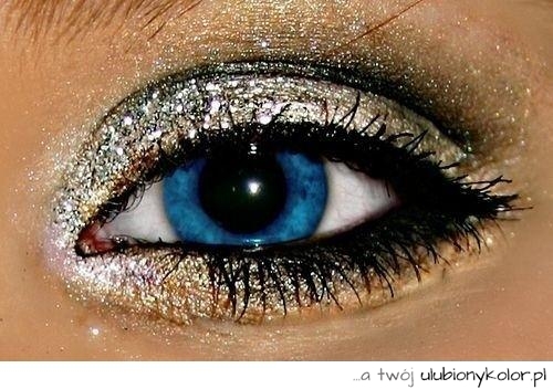 makijaż,złoto, srebro, błyszczące, oczy, giltter, niebieskie
