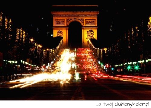 francja, łuk triumfalny, paryż, światła, miasto, nocą, stolica