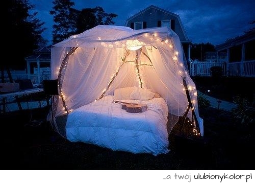 łóżko, sen, zdjęcie, romantyczne, światełka, namiot, zaręczyny, śliczne, piękne, sen, sypialnia, natura