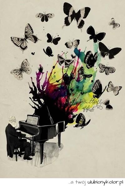 fortepian, motyle, kolorowe, piękne, obrazek, grafika, 