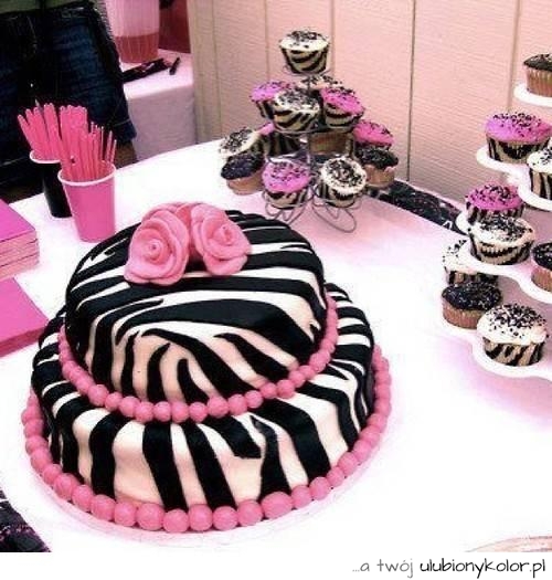 tort, zeberka, różowy, czarno, biały, dobre, smaczne, babeczki