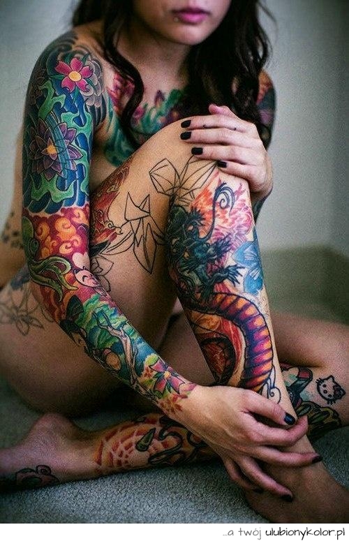 tatuaż, kobieta, kolorowe, ręka, noga