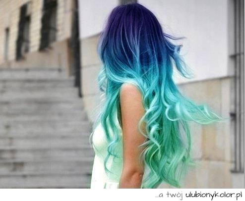 włosy, kolorowe, kolor, zielono, niebieskie, kobieta, moda, śliczna, uroda